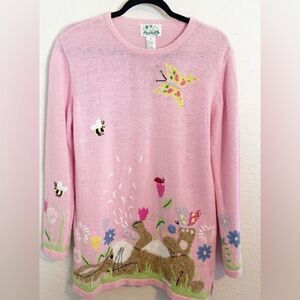 Vintage Quacker Factory Spring Bunny, Bee, Butterfly grandma-core pink sweater
